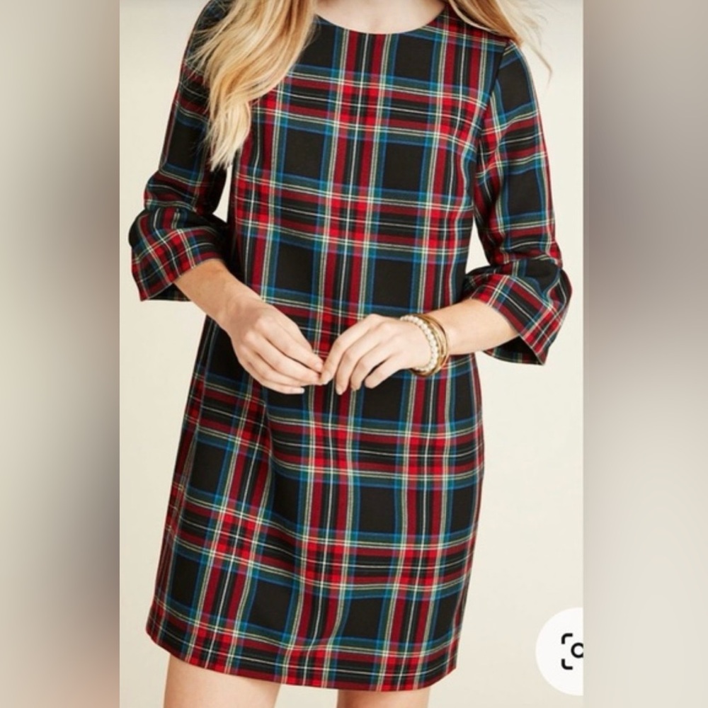Jude Connally Tartan Holiday Plaid Flutter Sleeve‎ Shift Dress Preppy Festive